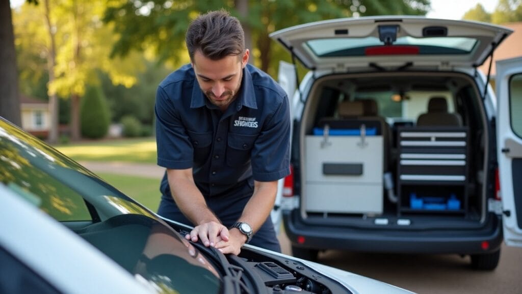 Mobile mechanic repairing car brakes in a Wichita residential driveway.