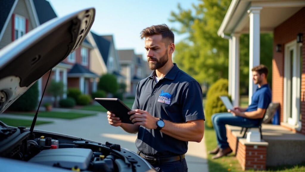 Mobile mechanic performing a pre-purchase inspection on a used sedan in Wichita neighborhood.