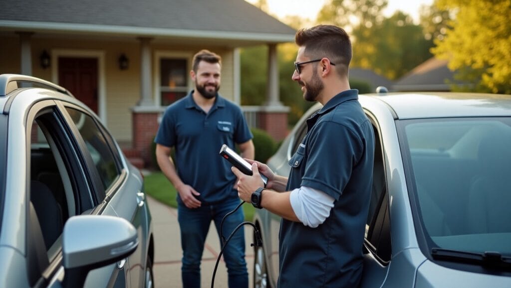 Certified technician performing on-site brake service with tools in Wichita, KS.