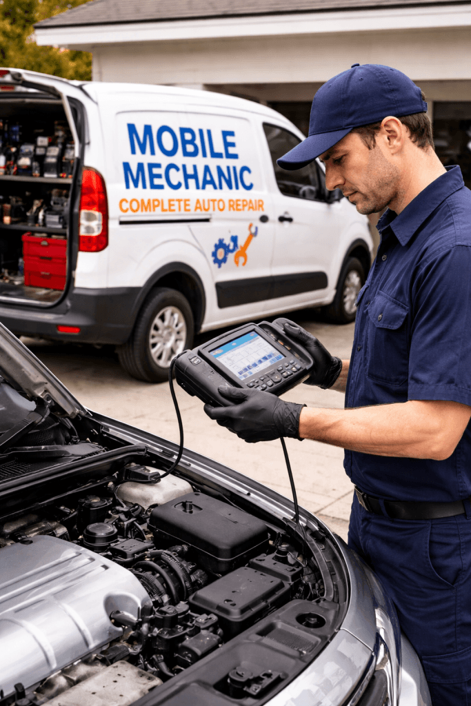 Mobile mechanic diagnosing transmission issues in a driveway.
